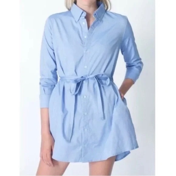 American Apparel blue chambray “shirt” style minidress with belt. Size M/L EUC - Picture 1 of 10